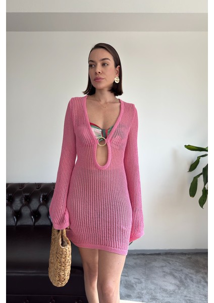 Ajurlu Göğüs Dekolteli Elbise- Pembe indirimleri
