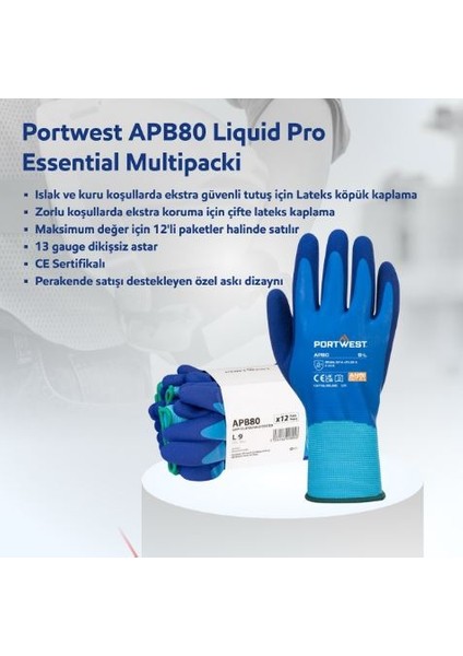 APB80 Liquid Pro Essential Lateks Çift Kaplı Eldiven 9l 12Lİ