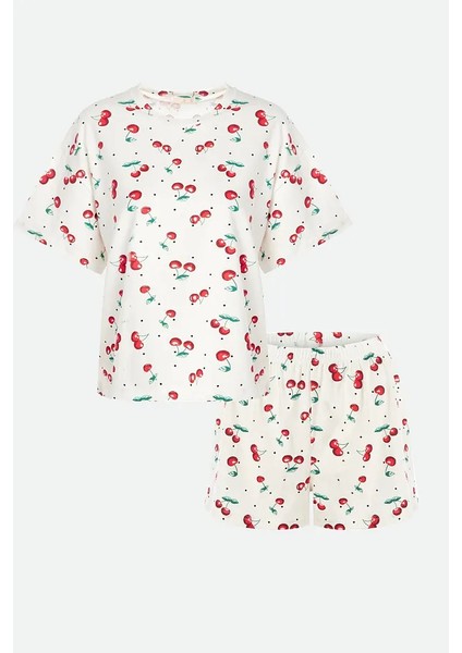 Kadın Kiraz Desenli Kısa Kollu Şortlu Pijama Takımı