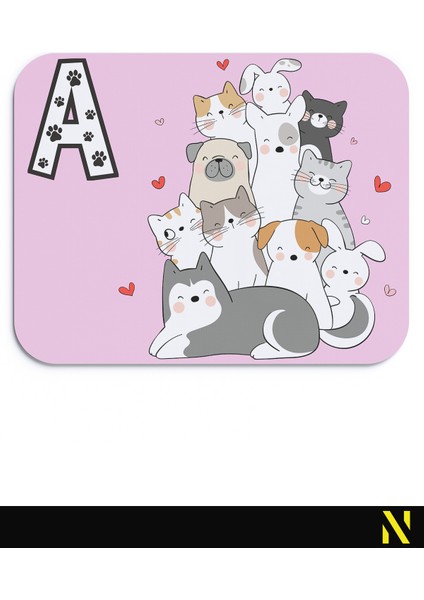 A Harfli Sevimli Hayvanlar Desenli Ergonomik Mouse Pad - 23 cm x 19 cm - Kaymaz Taban Ev ve Ofis Kullanımı Fare Altlığı Mousepad