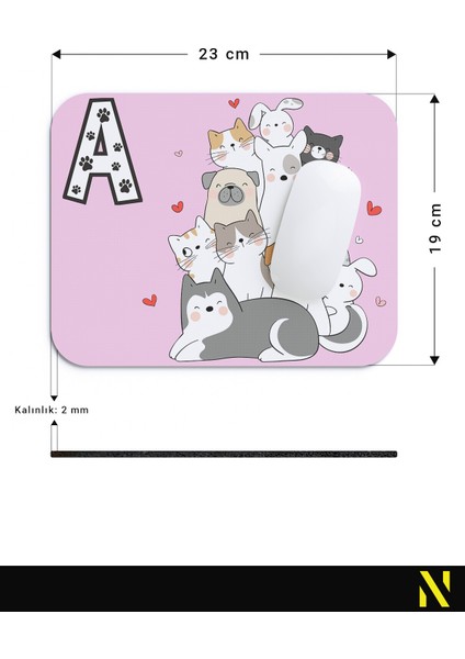A Harfli Sevimli Hayvanlar Desenli Ergonomik Mouse Pad - 23 cm x 19 cm - Kaymaz Taban Ev ve Ofis Kullanımı Fare Altlığı Mousepad