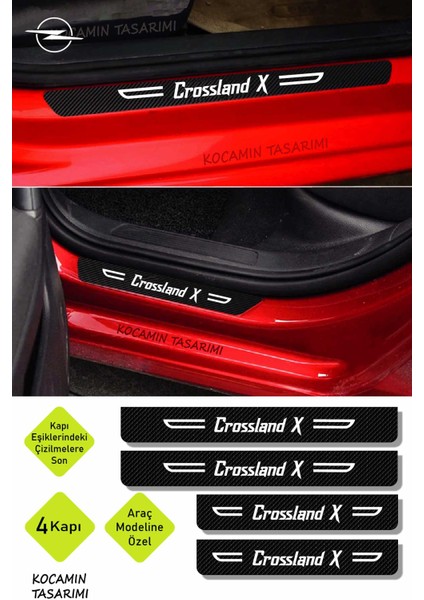 Opel Crossland x Siyah Karbon Kapı Koruma Yazılı Dekoratif Kapı Eşiği Beyaz Crossland x Yazılı 4 Parça Opel Crossland x Özel indirimleri