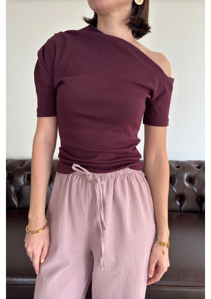Açık Omuzlu Tasarım Tshirt- Bordo fiyatları