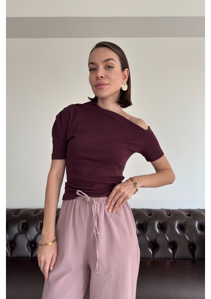 Açık Omuzlu Tasarım Tshirt- Bordo modelleri