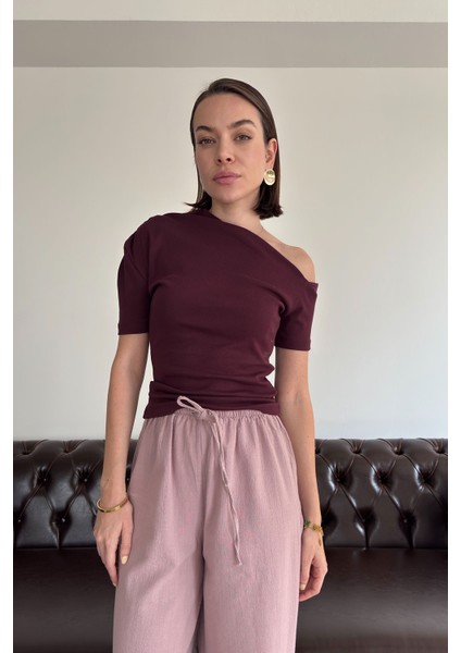 Açık Omuzlu Tasarım Tshirt- Bordo fırsatları