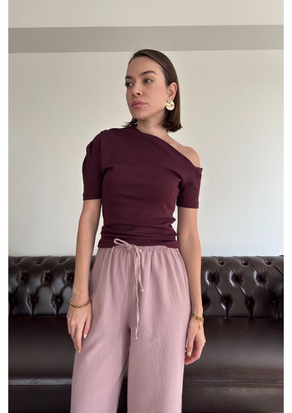 Açık Omuzlu Tasarım Tshirt- Bordo indirimleri