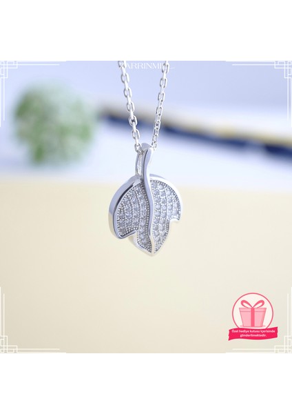 925 Ayar Gümüş Yaprak Taşlı Model Kolye Zirkon Taşlı Su Yolu Rodyum Kaplama