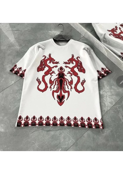 Unisex Bisiklet Yaka Baskılı Oversize T-Shirt - Beyaz modelleri