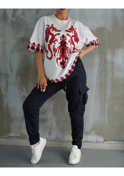 Unisex Bisiklet Yaka Baskılı Oversize T-Shirt - Beyaz fırsatları