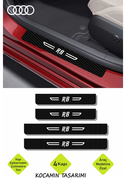 Siyah Karbon Audi R8 Kapı Eşiği Dekoratif Beyaz Yazılı Kapı Koruyucu 4 Parça Set Audi R8 Yazılı