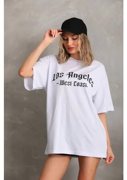 Unisex Baskılı Oversize T-Shirt - Beyaz indirimleri