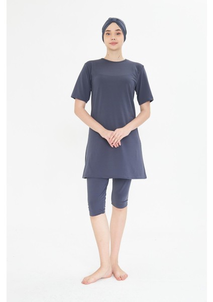 Büyük Beden Kısa Kollu Likralı Yarı Kapalı Tesettür Mayo Antrasit 3484B-A