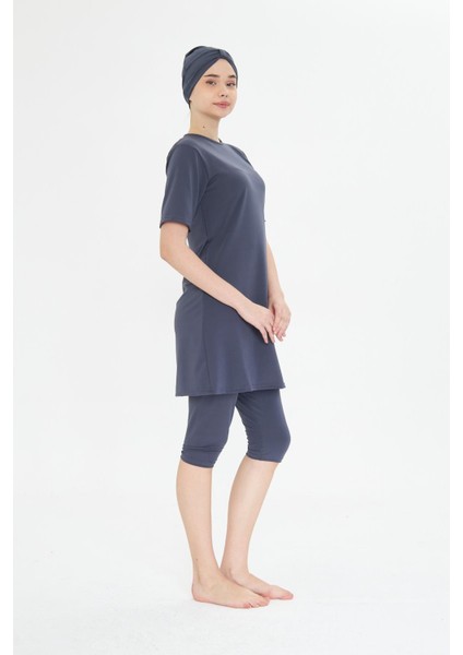 Büyük Beden Kısa Kollu Likralı Yarı Kapalı Tesettür Mayo Antrasit 3484B-A indirimleri