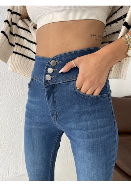 Yüksek Bel Likralı Jean Pantolon 90 cm