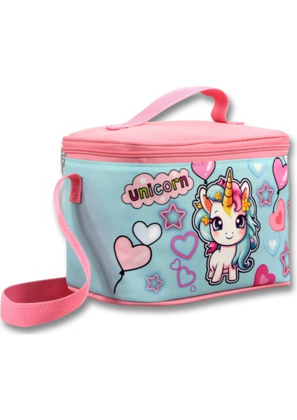 5049 Isı Yalıtımlı Kız Çocuk (Bebek Unicorn Baskılı, Pembe Turkuaz Renkli) Beslenme Çantası