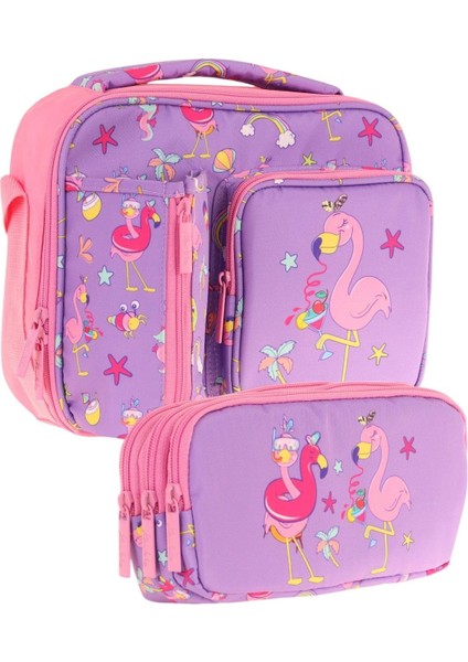 Kids Kız Çocuk Mor Pembe Flamingo Baskılı Üç Bölmeli Thermo Beslenme Çantası ve Kalemlik Seti (L7240+L8240)