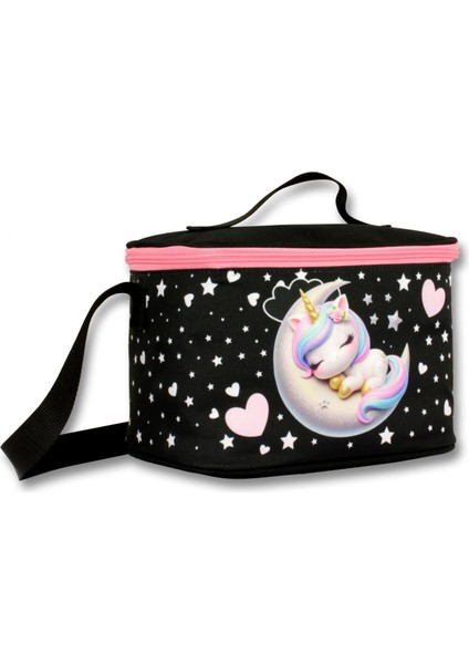 Kız Çocuk Beslenme Çantası (Thermo Isı Yalıtımlı) - Uykucu Unicorn - Siyah Pembe - 5061