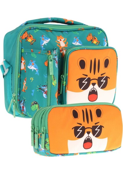 Kids Erkek Çocuk Yeşil Turuncu Aslan Üç Bölmeli Thermo Beslenme Çantası ve Kalemlik Seti (L7254+L8254)