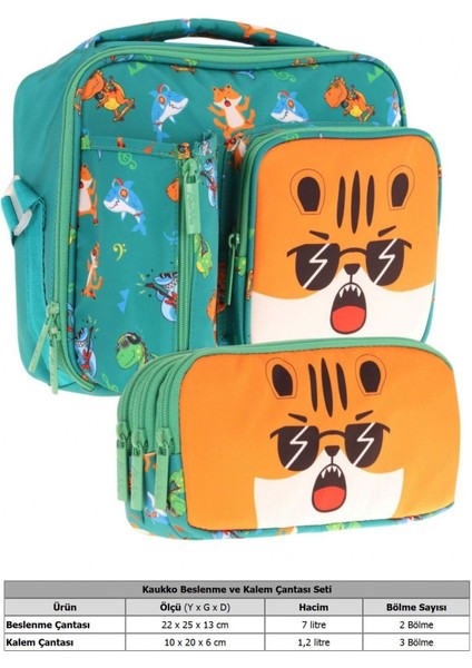 Kids Erkek Çocuk Yeşil Turuncu Aslan Üç Bölmeli Thermo Beslenme Çantası ve Kalemlik Seti (L7254+L8254) fiyatları