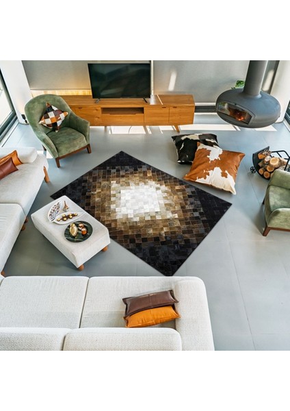 %100 Doğal Dana Derisi Kaymaz Taban Premium Patchwork Halı - Siyah Beyaz Kahverengi