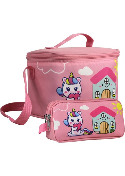 Kız Çocuk Unicorn Desenli Pembe Yeşil Beslenme Çantası ve Kalemlik Seti