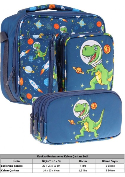 Kids Erkek Çocuk Lacivert Yeşil Dinazor Baskılı Üç Bölmeli Thermo Beslenme Çantası ve Kalemlik Seti (L7252+L8252)