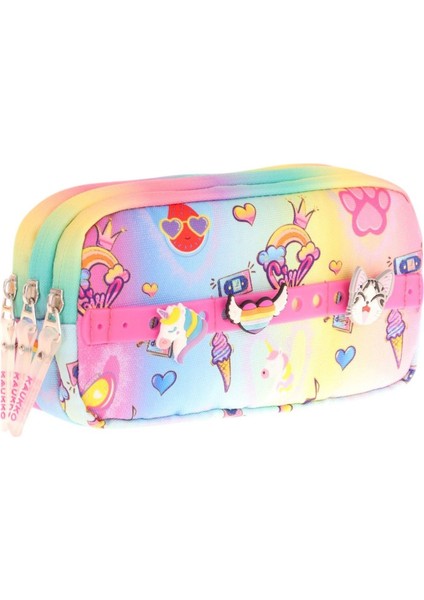 Kids Sarı Pembe, Rengarenk, Kız Çocuk Üç Gözlü Okul Kalem Çantası - L8244