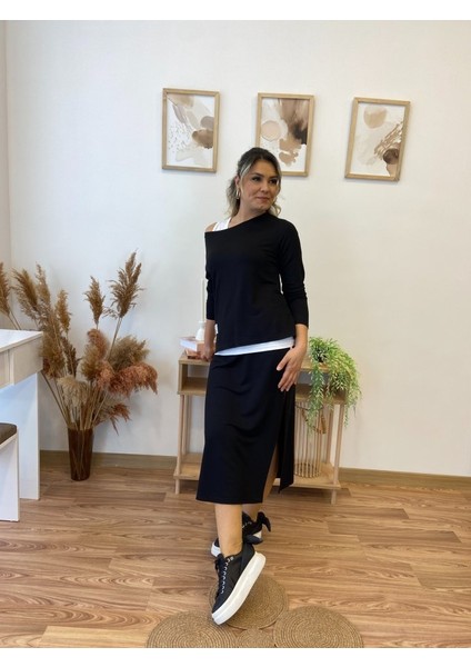 Kadın Uzun Kollu Tek Omuzu Açık Viskon Bluz Içi Atletli ve Yandan Şeritli Üçlü Viskon Ikili Takım
