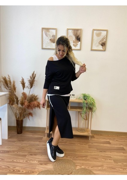 Kadın Uzun Kollu Tek Omuzu Açık Viskon Bluz Içi Atletli ve Yandan Şeritli Üçlü Viskon Ikili Takım