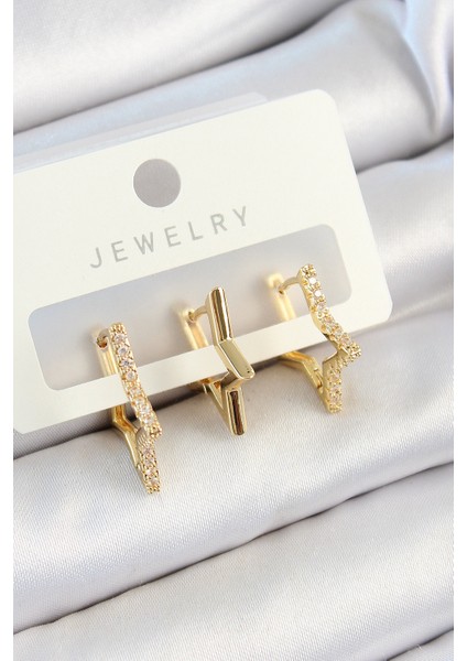 Pirinç Zirkon Taşlı Yıldız Model Gold Renk 3'lü Çift Kadın Küpe Set