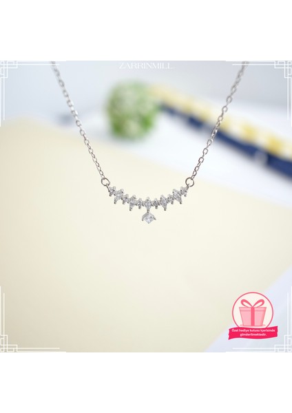 925 Ayar Gümüş Taç Model Zirkon Taşlı Su Yolu Kolye Rodyum Kaplama