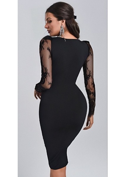 Kadın Uzun Kollu Kruvaze Yaka Kollar Tül Detay Krep Mini Boy Elbise indirimleri