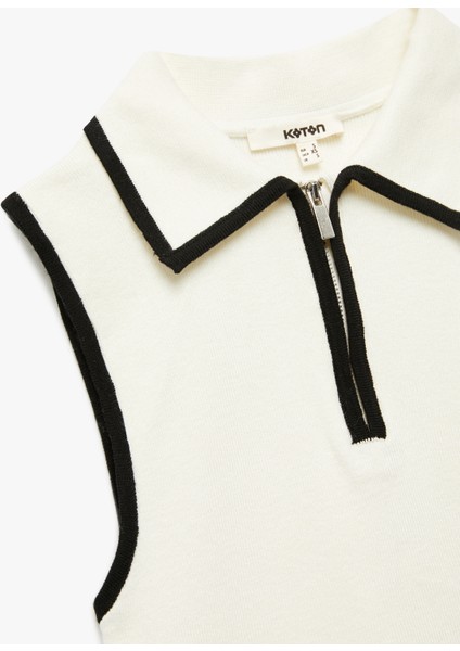 Renk Kontrastlı Kolsuz Fermuar Detaylı Polo Yaka Triko Bluz modelleri