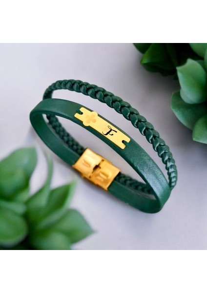 F Harfine Özel Doğal Yeşil Derili Çiçek Figürlü 14 Ayar Altın Plakalı Hediye Bileklik-452Harf