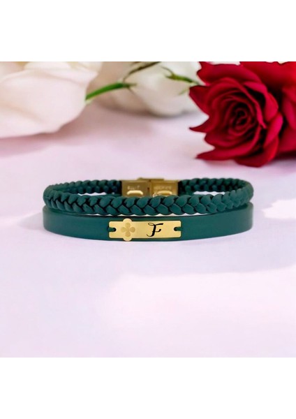 F Harfine Özel Doğal Yeşil Derili Çiçek Figürlü 14 Ayar Altın Plakalı Hediye Bileklik-452Harf fiyatları