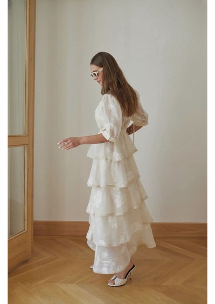 * Kadın Krem Karpuz Kol Kat Kat Beli Kuşaklı Nakışlı Elbise modelleri