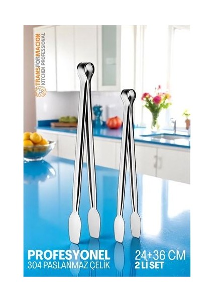2 Boy Mutfak Maşası - Mangal Barbekü Maşası - Izgara Maşası Tava Maşası Çelik 18 ve 36 cm