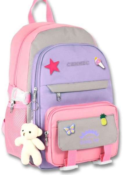 Cennec Çok Bölmeli Kız Çocuk Pembe Gri Ilkokul ve Günlük Sırt Çantası - 5072