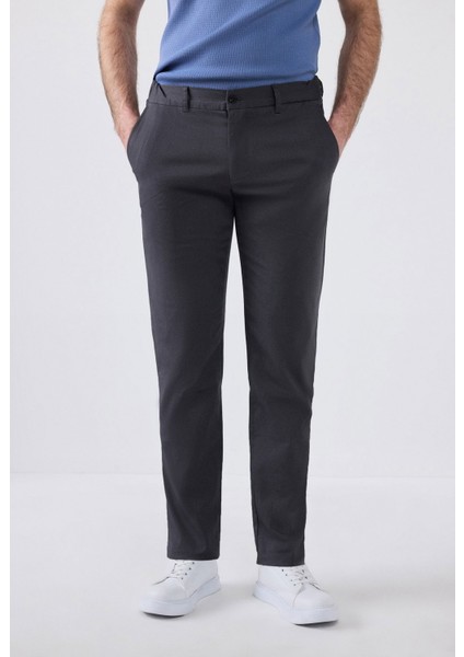 Slim Fit Antrasit Armürlü Yan Beli Lastikli Esnek Likralı Yandan Cepli Chino Pantolon 2HCC3ORT20001