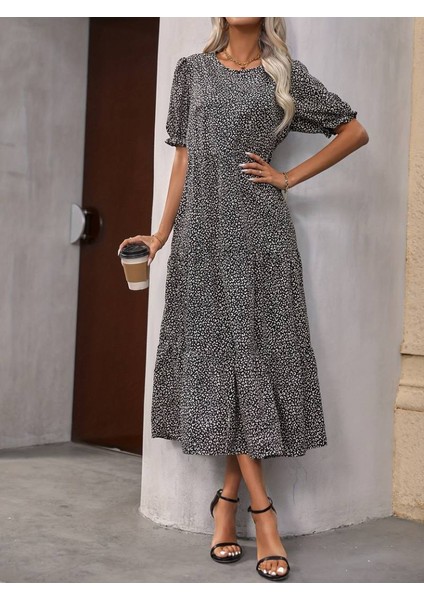 Kadın Mini Leopar Desen Midi Üç Kat Elbise