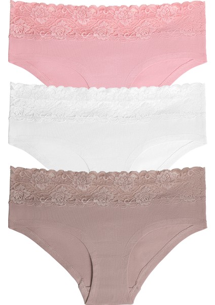 3 Lü Pamuklu Brazilian Şort - Ekru/Vizon/Pembe
