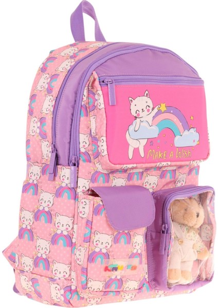 Kız Çocuk Peluş Kedili Ilkokul Okul Sırt Çantası - Pembe Mor - L5241