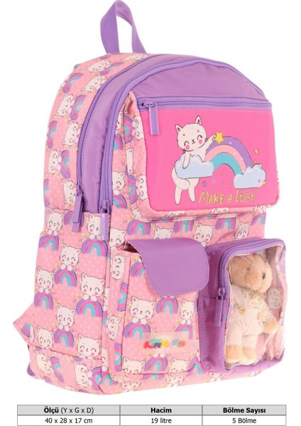 Kız Çocuk Peluş Kedili Ilkokul Okul Sırt Çantası - Pembe Mor - L5241 fırsatları