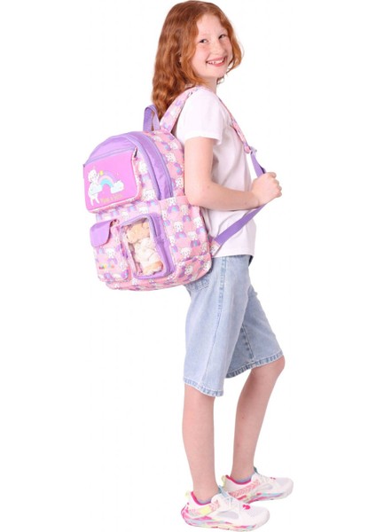 Kız Çocuk Peluş Kedili Ilkokul Okul Sırt Çantası - Pembe Mor - L5241 indirimleri