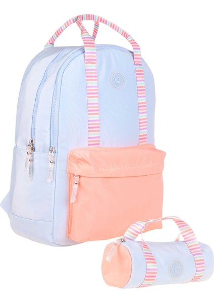 Ikili Okul Çantası Seti - Okul Çantası+Kalemlik - Mavi Turuncu - Çift Renk - Kız Çocuklar Için