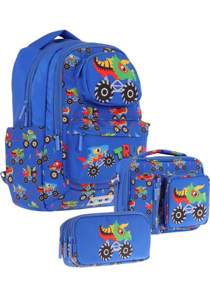 Kids 3D Kamyon Şekilli Erkek Çocuk Üçlü Okul Çantası Seti/takımı - Mavi (L5255+L7255+L8255)