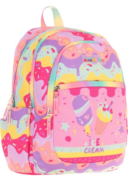 Üç Bölmeli Kız Çocuk Ilkokul Sırt Çantası (L5232) - Pembe Sarı - Dondurma Baskılı