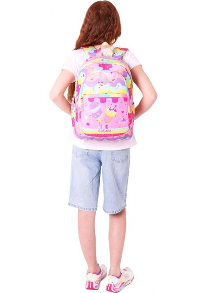 Üç Bölmeli Kız Çocuk Ilkokul Sırt Çantası (L5232) - Pembe Sarı - Dondurma Baskılı