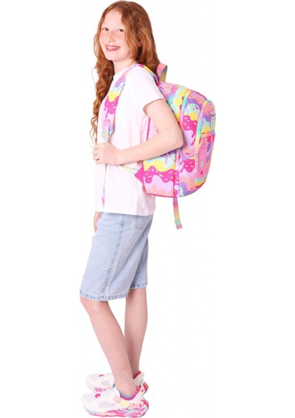 Üç Bölmeli Kız Çocuk Ilkokul Sırt Çantası (L5232) - Pembe Sarı - Dondurma Baskılı
