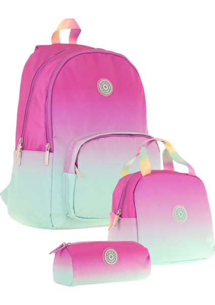Rainbow Pembe Yeşil Renk Geçişli Kız Çocuk Üçlü Ilkokul ve Ortaokul Çanta Seti